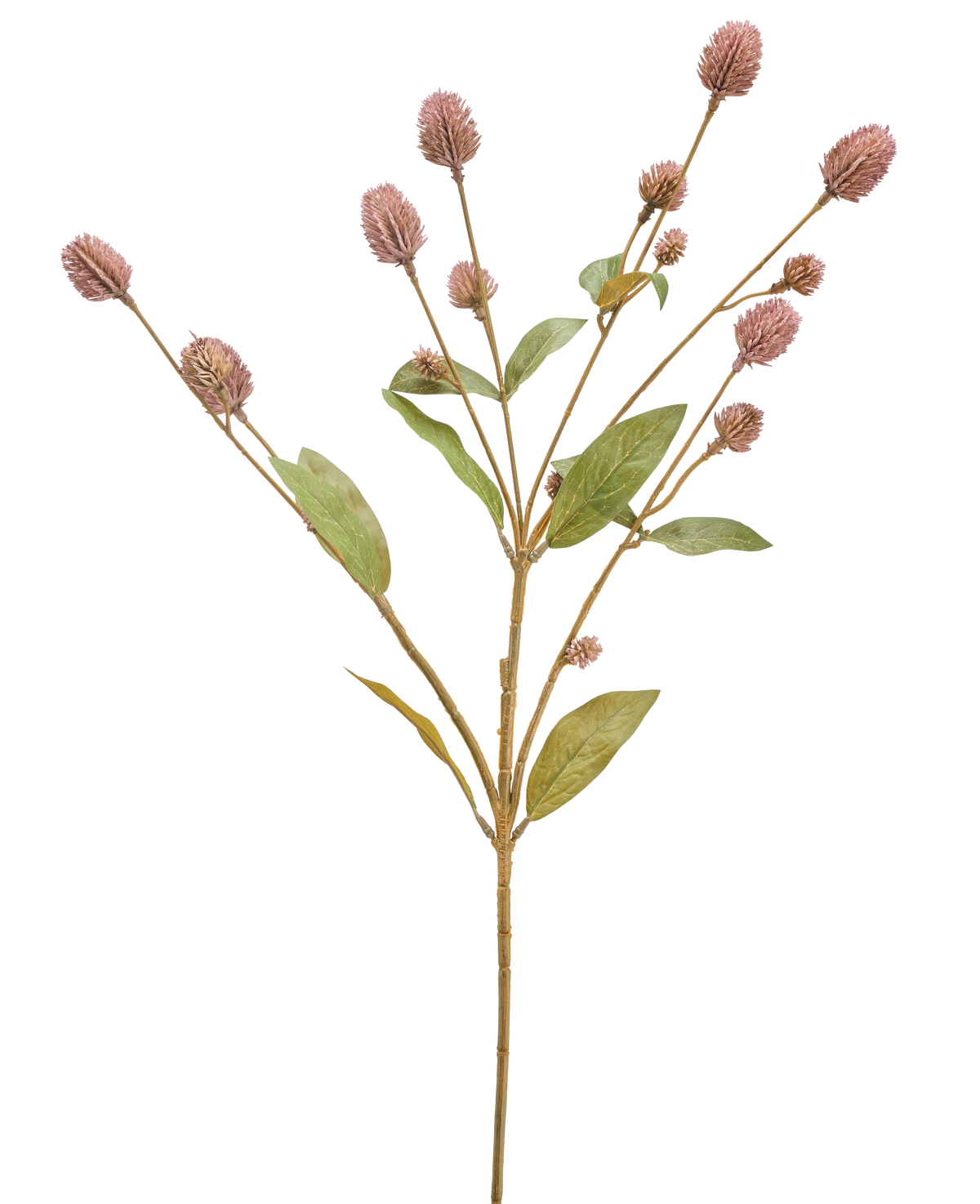 Die künstliche Blume Globosa 69 cm lila ist ein einzelner künstlicher Stiel mit mehreren Zweigen, länglichen grünen Blättern und Büscheln kleiner lila Blütenknospen vor einem weißen Hintergrund.