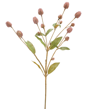 Die künstliche Blume Globosa 69 cm lila ist ein einzelner künstlicher Stiel mit mehreren Zweigen, länglichen grünen Blättern und Büscheln kleiner lila Blütenknospen vor einem weißen Hintergrund.
