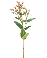 Die künstliche Blume Hypericum 65 cm rosa hat Büschel kleiner rosa Blütenknospen und grüner Blätter auf einem langen, schlanken braunen Stiel vor einem schlichten weißen Hintergrund.