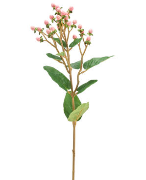 Die künstliche Blume Hypericum 65 cm rosa hat Büschel kleiner rosa Blütenknospen und grüner Blätter auf einem langen, schlanken braunen Stiel vor einem schlichten weißen Hintergrund.