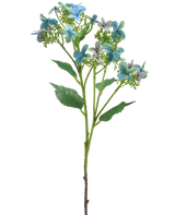 Die künstliche Blumen-Wildhortensie 62 cm blau/grün hat einen einzelnen künstlichen Stiel mit Büscheln blauer und grüner Blüten und einigen grünen Blättern, dargestellt vor einem weißen Hintergrund.