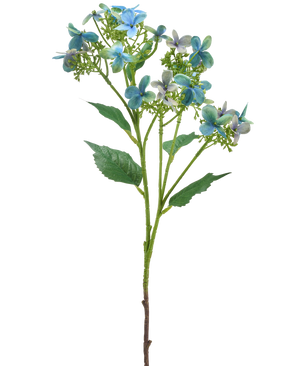Die künstliche Blumen-Wildhortensie 62 cm blau/grün hat einen einzelnen künstlichen Stiel mit Büscheln blauer und grüner Blüten und einigen grünen Blättern, dargestellt vor einem weißen Hintergrund.