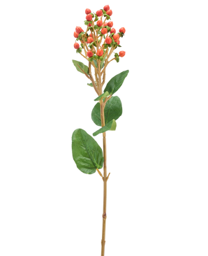 Eine einzelne künstliche Hypericum-Blume von 65 cm mit Büscheln kleiner orange/roter Beeren und grünen Blättern vor einem hellen Hintergrund.