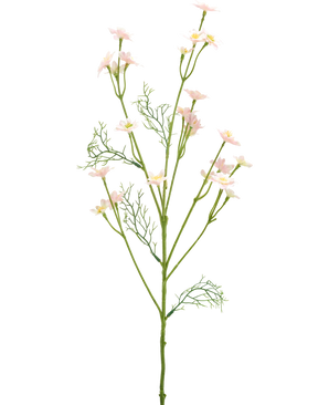 Die künstliche Wildblume 68 cm hellrosa hat einen einzelnen grünen Stiel mit gefiederten Blättern und mehreren Zweigen, die mit kleinen, hellrosa Blüten verziert sind, vor einem schlichten weißen Hintergrund.