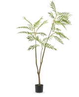 Die Kunstpflanze Mahonia 180 cm ist eine hohe Kunstpflanze mit schlanken Stielen und langen, schmalen grünen Blättern in einem schlichten schwarzen Topf, dargestellt vor einem schlichten weißen Hintergrund.