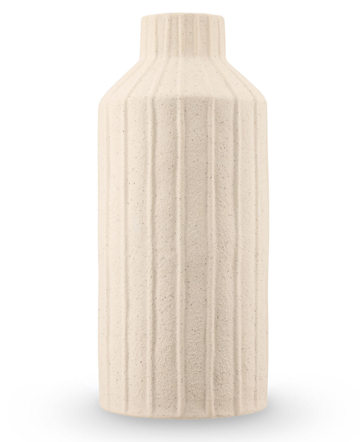 Die Forest Curve Vase 30 cm beige ist eine hohe, zylindrische Keramikvase mit einer matten, strukturierten Oberfläche mit vertikalen Rippenmustern und einem schmalen Hals.