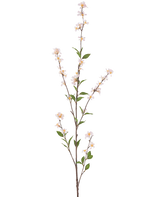 Die Kunstblume Flowers 119 cm in Blush ist ein hoher, schlanker Kunstzweig mit zarten weißen Blüten und grünen Blättern über die gesamte Länge, vor einem schlichten weißen Hintergrund.