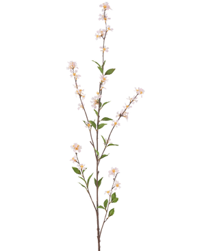 Die Kunstblume Flowers 119 cm in Blush ist ein hoher, schlanker Kunstzweig mit zarten weißen Blüten und grünen Blättern über die gesamte Länge, vor einem schlichten weißen Hintergrund.