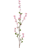 Die künstlichen Blumen 119 cm rosa haben einen hohen einzelnen Zweig mit kleinen rosa Blüten und grünen Blättern an dünnen braunen Stielen vor einem schlichten weißen Hintergrund.