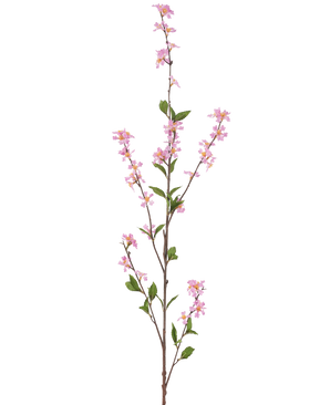 Die künstlichen Blumen 119 cm rosa haben einen hohen einzelnen Zweig mit kleinen rosa Blüten und grünen Blättern an dünnen braunen Stielen vor einem schlichten weißen Hintergrund.