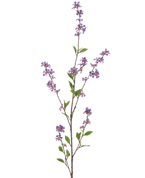 Die künstlichen Blumen 119 cm lila haben einen hohen, schlanken Zweig mit Büscheln kleiner lila Blüten und grünen Blättern, perfekt, um jeden Raum aufzuhellen.