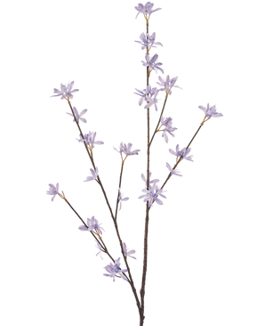 Die künstlichen Wildblumen 112 cm in Flieder haben drei schlanke braune Stiele mit zarten violetten Blüten und schmalen grünen Blättern vor einem schlichten weißen Hintergrund.