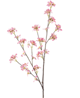 Die künstlichen Blumen 112 cm rosa haben einen einzelnen braunen Zweig mit mehreren Zweigen, verziert mit Büscheln kleiner rosa Blüten mit einem gelben Herzen, vor einem schlichten weißen Hintergrund.
