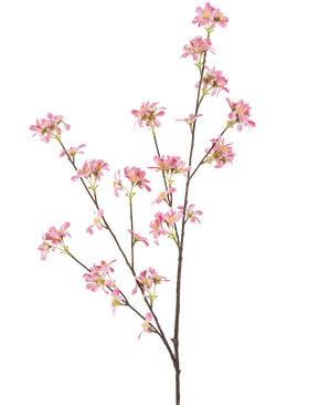 Die künstlichen Blumen 112 cm rosa haben einen einzelnen braunen Zweig mit mehreren Zweigen, verziert mit Büscheln kleiner rosa Blüten mit einem gelben Herzen, vor einem schlichten weißen Hintergrund.