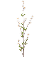 Die cremefarbenen Kunstblumen 119 cm haben einen einzelnen hohen Zweig mit cremefarbenen Blüten und grünen Blättern entlang der schlanken braunen Stiele vor einem schlichten weißen Hintergrund.
