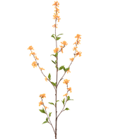Eine hohe, schlanke Kunstblume, 119 cm, gelb, mit mehreren Zweigen mit Büscheln kleiner gelber Blüten und grünen Blättern, isoliert auf weißem Hintergrund.