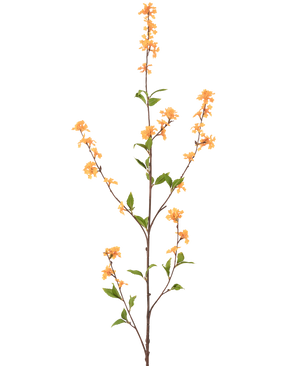 Eine hohe, schlanke Kunstblume, 119 cm, gelb, mit mehreren Zweigen mit Büscheln kleiner gelber Blüten und grünen Blättern, isoliert auf weißem Hintergrund.