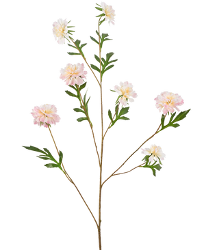 Die Kunstblume Kornblume 112 cm hellrosa hat einen langen, dünnen Stiel mit mehreren Zweigen, jeweils mit hellrosa pfingstrosenähnlichen Blüten und grünen Blättern, vor einem schlichten weißen Hintergrund.