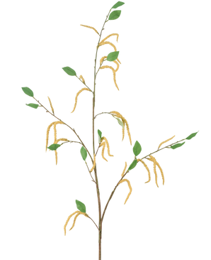 Die Kunstblume Amaranth 147 cm gelb besteht aus einem schlanken Zweig mit grünen Blättern und mehreren hängenden gelben Kätzchen, dargestellt vor einem weißen Hintergrund.