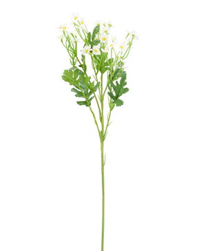 Kunstblume Daisy Mini 61 cm: weiße Kunstblume in Form eines Gänseblümchens, mit weißen Blütenblättern, einem gelben Herzen und grünen Blättern.