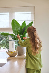 Eine Frau mit langen, welligen Haaren, gekleidet in einen grünen Anzug, kümmert sich um eine 90 cm große Strelitzia Real Touch Deluxe-Kunstpflanze auf einer Theke neben einer Schale mit Zitronen in einem hellen Raum mit Fenster.