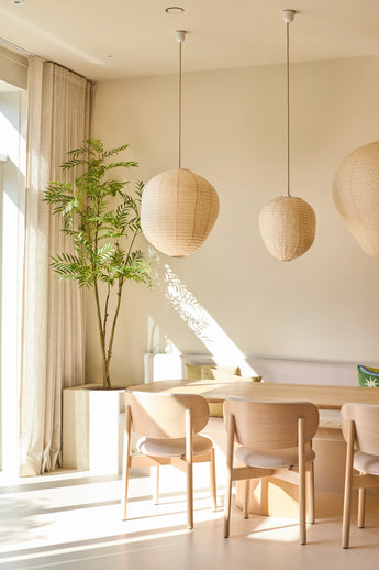 Ein heller, minimalistischer Essbereich ist mit hellen Holzstühlen, einem Tisch, drei Hängelampen aus Papier, der 210 cm großen künstlichen Mahonia-Pflanze in einem Topf und raumhohen Vorhängen in der Nähe eines großen Fensters, das Sonnenlicht hereinlässt, ausgestattet.