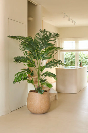Eine künstliche Chamaedorea-Pflanze von 180 cm steht in einer modernen, hellen Küche mit neutralen Farbtönen, minimalistischem Dekor und natürlichem Licht, das durch die Fenster fällt.