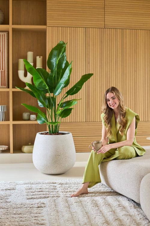 Eine Frau in einem hellgrünen Outfit sitzt barfuß auf einer Couch, lächelt und hält eine Tasse in der Hand. Neben ihr steht die Kunstpflanze Strelitzia Real Touch Deluxe 150 cm, während Holzbretter und Deko-Objekte dem Hintergrund eine warme Ausstrahlung verleihen.