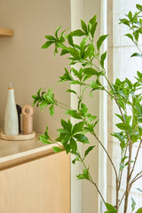 Eine 150 cm große künstliche Pflanze vom Typ Pieris Japonica steht an einem Fenster neben einem hellen Holzschrank, in dem sich Keramikflaschen und eine Pfeffermühle befinden, und verleiht dem hellen, luftigen Raum eine minimalistische Note.