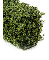 Eine Nahaufnahme der künstlichen Buchsbaumhecke UV 100 x 20 x 25 cm, einer rechteckigen künstlichen Buchsbaumhecke mit dichten kleinen grünen Blättern, dargestellt vor einem schlichten weißen Hintergrund.