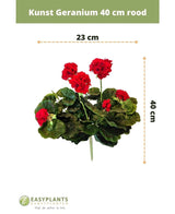 Künstliche Geranie 40 cm rot mit grünen Blättern, 40 cm hoch und 23 cm breit, abgebildet auf weißem Hintergrund mit Größenmarkierungen und dem EASYPLANTS ARTIFICIAL PLANTS-Logo unten.