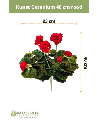 Künstliche Geranie 40 cm rot mit grünen Blättern, 40 cm hoch und 23 cm breit, abgebildet auf weißem Hintergrund mit Größenmarkierungen und dem EASYPLANTS ARTIFICIAL PLANTS-Logo unten.