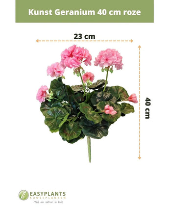 Künstliche Geranie 40 cm rosa mit grünen Blättern, 23 cm breit. Dargestellt vor einem weißen Hintergrund mit Größenetiketten und dem Easyplants Kunstplanten-Logo unten.