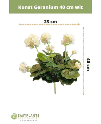Künstliche Geranie 40 cm weiß: Kunstpflanze mit grünen Blättern, Höhe 40 cm und Breite 23 cm, wunderschön präsentiert vor weißem Hintergrund mit klaren Maßen.