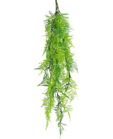 Die künstliche Hängepflanze Spargel UV 80 cm ist ein künstlicher Farn mit federhellgrünen Blättern, die vor einem weißen Hintergrund herunterfallen.
