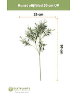 Feuerhemmendes künstliches Olivenblatt 90 cm mit grünen Blättern, ideal als mediterrane Dekoration. UV-beständig und 25 cm breit. Text: Künstliches Olivenblatt 90 cm feuerhemmend. EASYPLANTS-Logo unten.