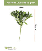 Künstliches Lorbeerblatt, 50 cm, grünes Kunstblumendekor, 50 cm hoch und 20 cm breit, auf weißem Hintergrund mit Abmessungen dargestellt. Perfekt für jedes Interieur. Easyplants-Logo unten.