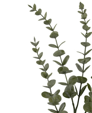 Drei künstliche Eukalyptus-Yugali-Stängel (71 cm) mit runden grünen Blättern, diagonal auf weißem Hintergrund angeordnet.