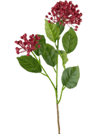 Eine einzelne künstliche Hortensienblüte mit 55 cm langem dunkelrosa Stiel mit grünen Blättern und zwei Büscheln kleiner, runder, tiefrosa Knospen vor einem schlichten weißen Hintergrund.