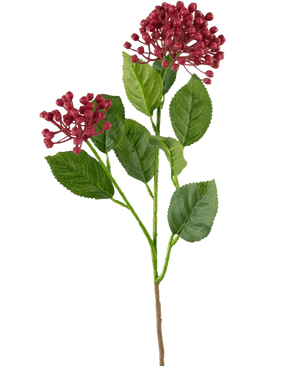 Eine einzelne künstliche Hortensienblüte mit 55 cm langem dunkelrosa Stiel mit grünen Blättern und zwei Büscheln kleiner, runder, tiefrosa Knospen vor einem schlichten weißen Hintergrund.