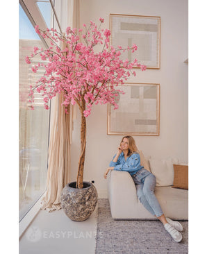 Eine Frau in Freizeitkleidung entspannt sich auf einem beigen Sofa neben einem 240 cm großen künstlichen Kirschblütenbaum mit rosa Blüten in einem modernen Wohnzimmer mit abstrakter Wandkunst und großen Fenstern.