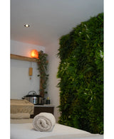 Ein ruhiger Spa-Bereich mit einem Massagetisch, beruhigender Beleuchtung, einer Himalaya-Salzlampe auf einem Regal und einer üppigen künstlichen Hecke Freshness 100x100 cm UV-Grünpflanzenwand für zusätzliche Gelassenheit.