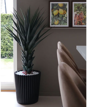 Am Fenster steht die Kunstpflanze Agave Pandora UV 120 cm, eine hohe stachelige grüne Pflanze in einem schwarzen gerippten Topf mit weißen Steinen. Dahinter hängen drei gerahmte Obstdrucke auf einem Wandregal über beigen Stühlen und einem weißen Tisch.