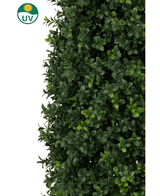 Die Nahaufnahme der Kunstpflanze Buxus Pyramid UV 120 cm zeigt dichtes grünes Laub mit kleinen, runden Blättern. Ein kreisförmiges UV-Schutzsymbol mit einer gelben Sonne oben links betont die UV-Beständigkeit der Pflanze vor weißem Hintergrund.