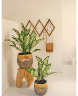 Zwei Kunstpflanzen Dieffenbachia UV 75 cm mit bunten Blättern stehen in gelben und steinernen Dekotöpfen – einer auf einem Holzhocker, einer auf dem Boden. Dahinter hängt in diesem hellen, minimalistischen Raum eine braune Ledertasche an einem Akkordeon-Wandregal aus Holz.