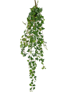Die künstliche Hängepflanze Efeu Deluxe 120 cm grün hat grüne, spitze Blätter und hängende Stängel, die einer hängenden Efeupflanze ähneln. Der künstliche Efeu ist isoliert auf weißem Hintergrund.
