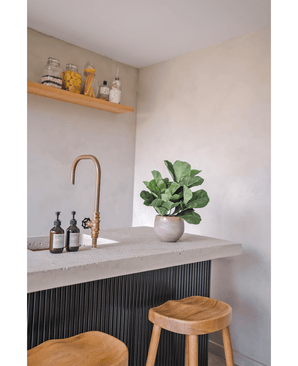 Eine moderne Arbeitsplatte mit einem Messinghahn, zwei Seifenspendern, der künstlichen Tabakpflanze Fiddle Leaf UV 45 cm Topfpflanze und zwei Holzhockern. An einer hellen Wand ist ein schwebendes Regal mit Gläsern und Flaschen montiert.