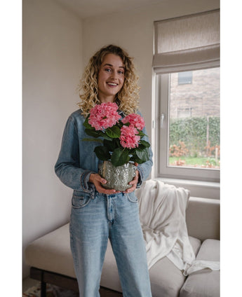 Eine Frau mit lockigen blonden Haaren in Jeansjacke und Jeans steht drinnen und lächelt, während sie die künstliche Hortensie Pink UV 35 cm in der Hand hält. Im Hintergrund gibt es ein Sofa und ein Fenster.