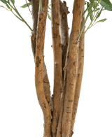 Nahaufnahme mehrerer brauner Stämme mit rauer Rinde und einigen grünen Blättern vor einem schlichten weißen Hintergrund, mit dem künstlichen Olivenbaum UV 120 cm: eine pflegeleichte, UV-beständige Kunstpflanze für dauerhafte Schönheit im Innen- und Außenbereich.