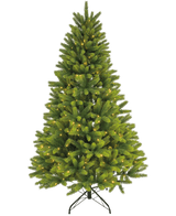 Der künstliche Weihnachtsbaum „Ask“ aus 100 % PE – Smart LED hat echte Touch-Zweige, integrierte warmweiße Beleuchtung und steht auf einem schwarzen Metallständer vor einem schlichten weißen Hintergrund.